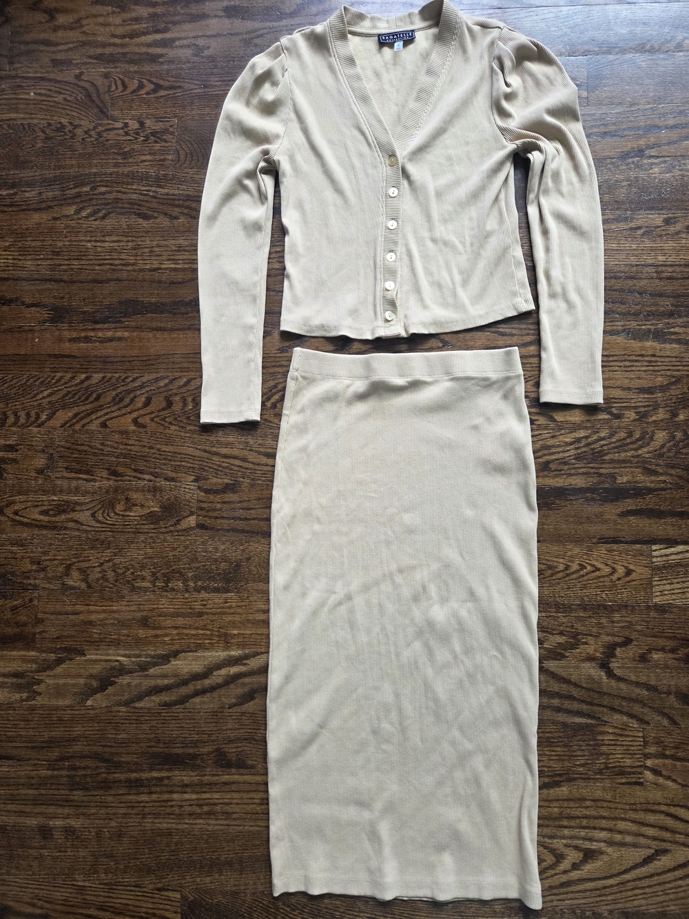 Bagatelle Tan Ribbed Knit Cardigan And Midi Skirt Set‎